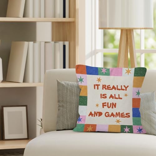 Funny Kids Playroom Throw Pillow Cover 18x18, Vintage Nursery Decorative Pillow Covers for Kids Toddler Nursery Bed Gaming Room Bedroom, Colorful Stars Game Accent Pillows Cover Pillowcases