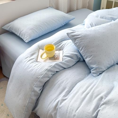 LifeTB Blue Duvet Cover Twin Size, Polka Dot Duvet Cover with 2 Pillowcases, 100% Muslin Cotton Breathable Gauze Comforter Cover, Aesthetic Coquette Polka Dot Bedding Set for All Seasons