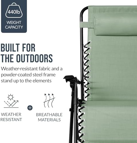 Best Choice Products Set of 2 Extra Wide Adjustable Steel Mesh Zero Gravity Lounge Chair Recliners w/Pillows and Cup Holder Trays - Sage Green