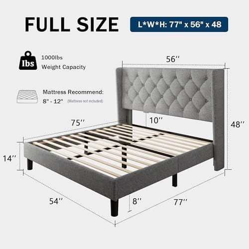 GalnFu Full Size Bed Frame with Button Tufted Headboard, Upholstered Platform Bed Frame with UnderBed Storage, Wooden Slats Supports, Noise Free, No Box Spring Needed, Easy Assembly, Light Grey