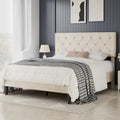 VECELO Full Size Bed Frame with Diamond Tufted Headboard, Upholstered Platform Bedframe with Wood Slat Support, No Box Spring Needed, Pala Beige