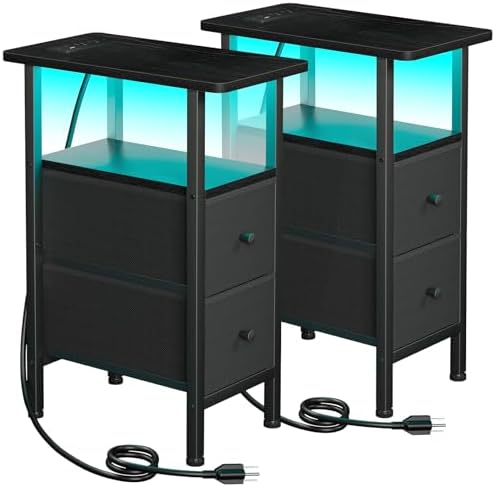 LOAKEKEL Narrow Nightstand with Charging Station, End Tables Living Room