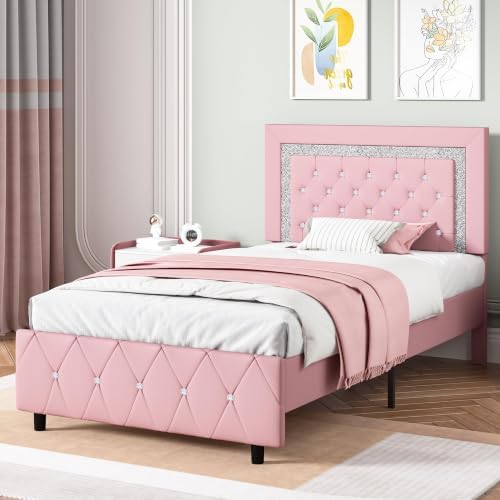 BarnFurin Twin Bed Frame with Headboard, Princess Twin Bed Frames for Kids