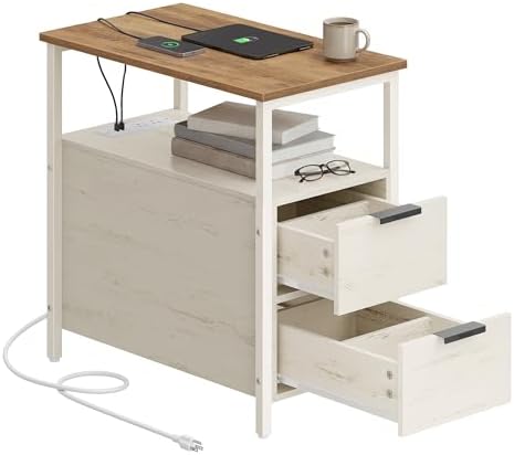 VASAGLE Side End Table with Charging Station, Slim Nightstand with Storage