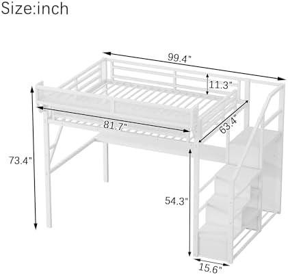 Queen Size Metal Loft Bed Frame with Desk, Staircase, Built-in Storage Shelves and Wardrobe, Modern Loft Bed with Solid Slat, Guardrail, No Box Spring Required, Easy Assembly, for Bedroom, White