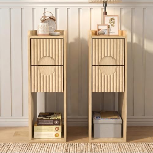 Narrow Fluted Nightstand Set of 2, Small 2 Drawer Nightstand, Wood Slim Bedside Table, Vintage End Table, Mid Century Modern Night Stand for Living Room, Bedroom, Wooden, Natural