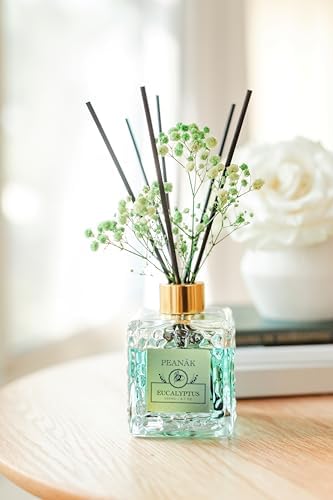 Reed Diffuser Set - Eucalyptus Mint Oil, Oil Diffuser Sticks, Bathroom Diffuser, Bathroom Decor, 200ml with Preserved Flowers - PEANÄK