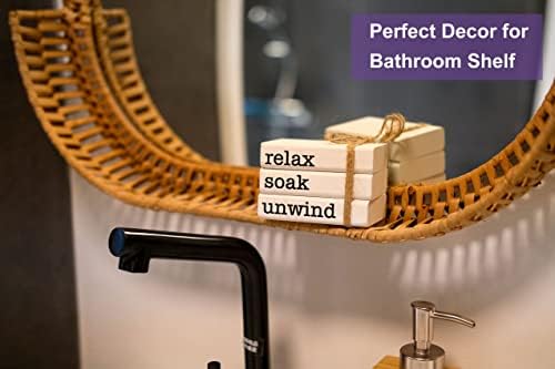 Farmhouse Mini Bookstack for Bathroom Decor Wooden Books for Restroom Shelf Decorative Accent for Guest Bathroom Sign, 2 Signs in 1 Reversible - Wash Your Hands/Relax Soak Unwind