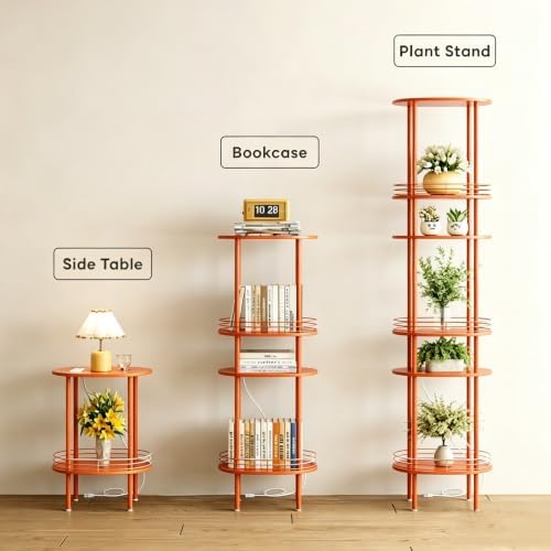 Small Oval Side Table with Charging Station, 2-Tier Orange Round End Table