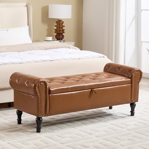 Storage Bench for Bedroom, 51" Upholstered End of Bed Bench, Faux Leather Queen Size Benches with Rolled Arms, Tufted Button Storage Long Ottoman, Living Room, Entryway, Brown