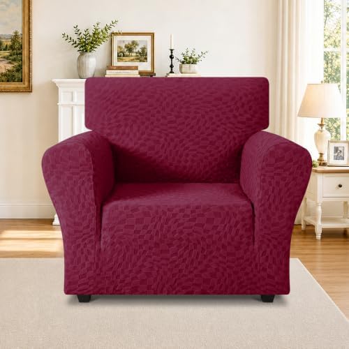 ZNSAYOTX 1 Piece Stretch Chair Cover with Arms (34"-44"), New Plaid Armchair Cover with Elastic Band for Living Room, Ultimate Soft Cozy Washable Chair Slipcover Form Fit Protector, Wine Red