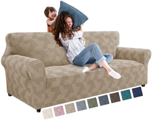 JIVINER 1 Piece Couch Cover for 3 Cushion Couch, High Stretch Sofa Covers with Elastic Bottom, Washable Sofa Slipcovers for Dog, Pets Feature Geometrical Jacquard Fabric (Sofa, Khaki)