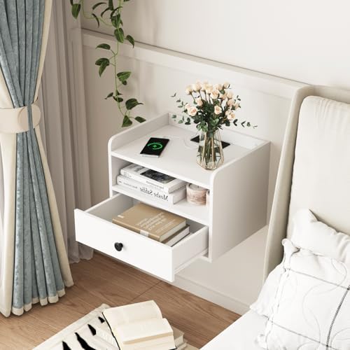 Floating Nightstand Set of 2 Modern Night Stands with Drawer and Open Shelf