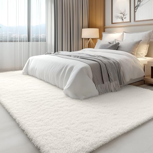 OLANLY 6x6 Area Rugs for Living Room Bedroom, Machine Washable Soft Fluffy Shaggy Bedside Rug, Indoor Floor Carpet for Kids Girls and Boys, Dorms, Nursery Rooms, Home Decor Aesthetic, Ivory