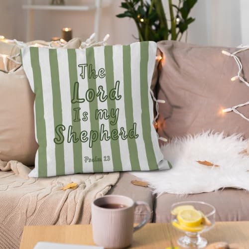 Green Striped Christian Bible Verse Scripture Throw Pillow Cover 18x18