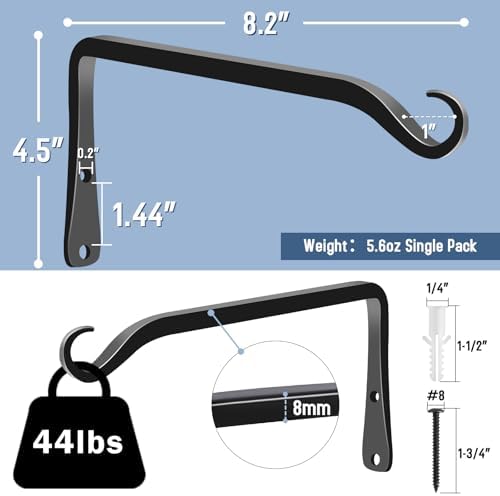 FEED GARDEN Heavy Duty Plant Hooks - 2 Pack 8 Inch Wall Mounted Hanging Brackets, 44lb Capacity Steel Plant Hangers for Bird Feeders, Baskets, Wind Chimes Outdoor Indoor- Black