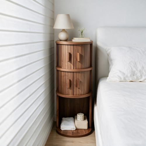 Narrow Nightstand, Wooden Skinny Nightstand with Sliding Doors