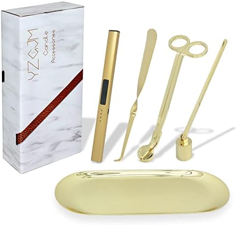 Exquisite Candle Accessories Tool Pack Bag, Rechargeable Electric Lighter， Wick Trimmer, Dipper, Snuffer and Tray Holder Elegant Kit Gift for Candle Lovers in Dating, Valentines Decor. ( Lemon Gold )