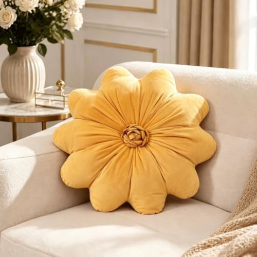 Flower Shaped Decorative Throw Pillow, 15.7" Round Flower Cushion -Yellow