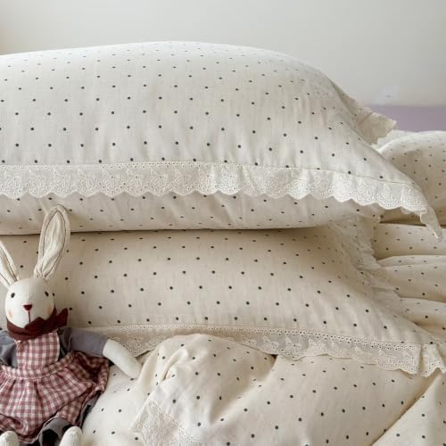 Beige Polka Dot Duvet Cover King 3 Pcs,Ruffled Bedding 104"×90"