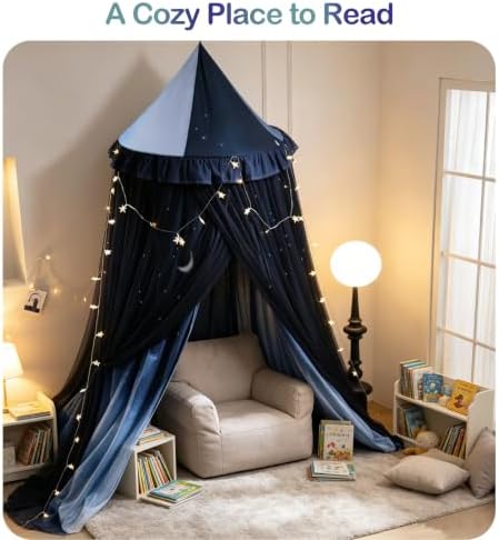 Kertnic Princess Bed Canopy for Girls, Double Layer Round Bed Mosquito Net, 31.5" Large Dome Moon Pattern Printed Bed Canopy, Sleeping & Reading Nook Curtain for Boys Girls (Night Sky)