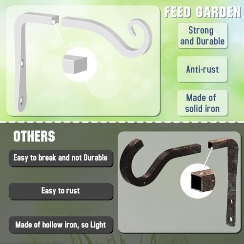 FEED GARDEN Heavy Duty Plant Hooks - 2 Pack 6 Inch Wall Mounted Hanging Brackets, 44lb Capacity Steel Plant Hangers for Bird Feeders, Baskets, Wind Chimes - White