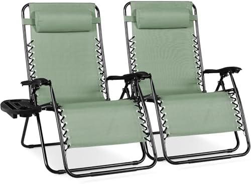 Best Choice Products Set of 2 Extra Wide Adjustable Steel Mesh Zero Gravity Lounge Chair Recliners w/Pillows and Cup Holder Trays - Sage Green