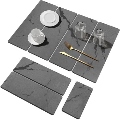 Stone Dish Drying Mat for Kitchen Counter-Dark Gray Marble 24"×16" & 8"x4"