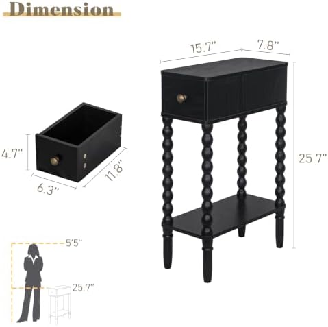 Fultyle Narrow Black Side Table with Drawer, Skinny End Table with Shelf