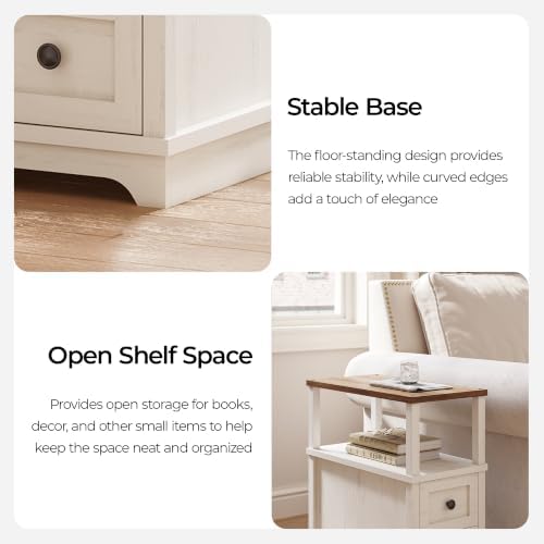Slim End Table with 2 Drawers, Farmhouse Narrow Nightstand Wood，
