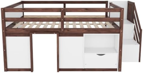 Bellemave Full Size Low loft Bed for Kids,Wood Loft Beds,Modern Farmhouse Full loft Bed,Loft Bed with Desk and Storage, No Box Spring Needed,for Kids, White + Walnut