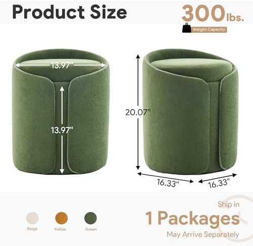 Storage Vanity Stool with Gold Base Comfy Vanity Chair Modern Round Stool for Makeup Vanity Ottoman Foot Rest for Bedroom livingroom, Green