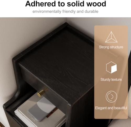 AQIMUELE Solid Wood Narrow Nightstand with 3 Drawers,Pure Black 11.8"