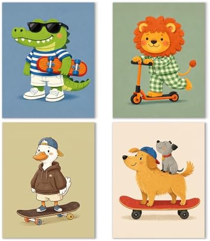 Noaleviax Cute Animals Posters Set - Toddler Baby Boy Room Decor, Crocodile Lion Duck Dog Pictures Wall Art for Kids Nursery Bedroom Playroom Decor, 8x10 Unframed, Set of 4