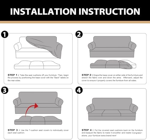 4 Piece T Cushion Sofa Slipcovers Stretch Couch Slip Cover for 3 Cushion Couch Sofa, Machine Washable for Living Room (Light Gray, 3 Cushions)
