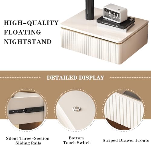 Guyii Floating Nightstand, Cream White, Modern Small