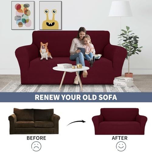 JIVINER Stretch Armchair Slipcovers, 1 Piece Chair Sofa Covers 1 Seater Couch Covers with Elastic Bottom for Kids, Pets (Small, Wine Red Rhomb)