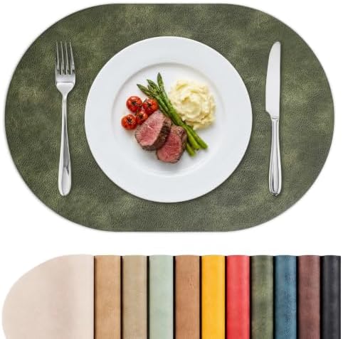 MOSAYT Vinyl Faux Leather Oval Placemats, Set of 6, Olive Green