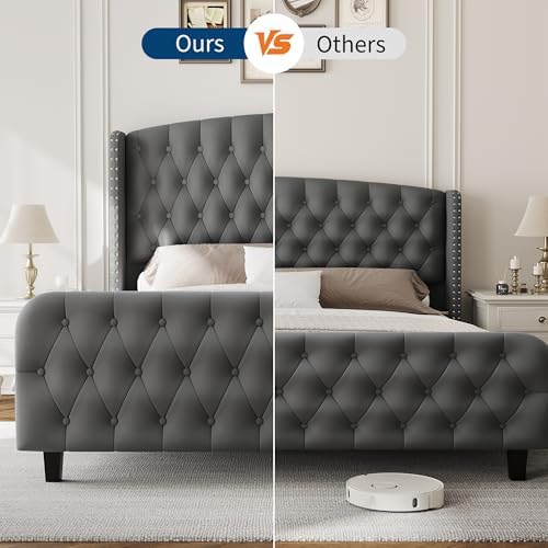 GarveeHome 51" Tall Queen Size Bed Frame with Wingback Headboard, Grey