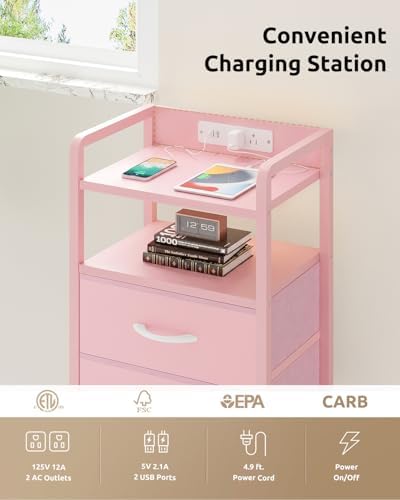Lazzanto Nightstand with Rear Charging Station, LED Light, 2 Drawers, Pink