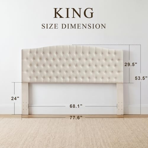 Tufted Tall King Size Headboard, Linen Button Diamond Headboards, Beige