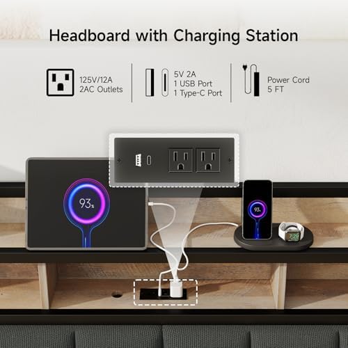 Full Headboard Only with Storage, Charging Station, Black & Brown