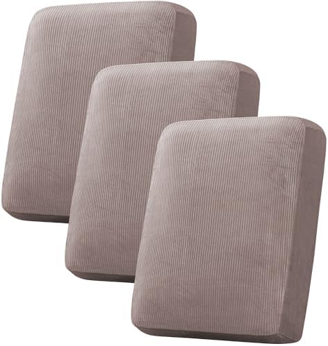 H.VERSAILTEX Velvet Stretch Couch Cushion Cover Plush Cushion Slipcover for Chair Loveseat Sofa Cushion Furniture Protector Seat Cushion Sofa Cover (3 Piece Sofa Cushion Covers, Taupe Striped)