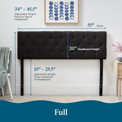 LUCID Mid-Rise Upholstered Headboard, Tufted, Black, Full/Full XL Size