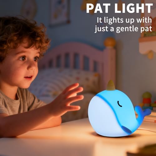 Narwhal Night Light, USB-C Rechargeable Silicone Lamp with Tap Control, 3-Level Dimming & 30-Min Auto Timer, 7-Color Changing Squishy Nursery Light, Birthday Gift for Kids