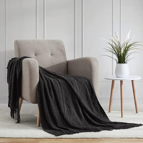 BOURINA Black Throw Blanket 50x60 Inch Boho Knitted Soft Throw Sofa Blanket