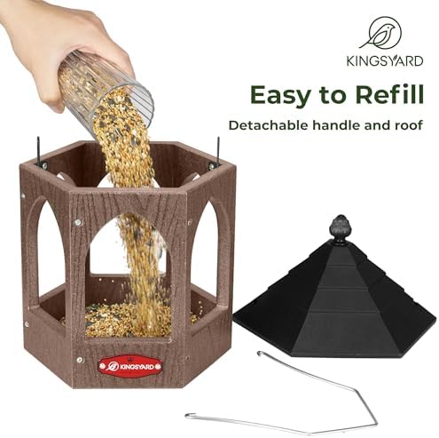 Kingsyard Platform Bird Feeder for Outdoor Hanging - Gazebo Style Recycled Plastic Wild Bird Feeding Station with Rain-Proof Roof & Metal Mesh Tray. Brown