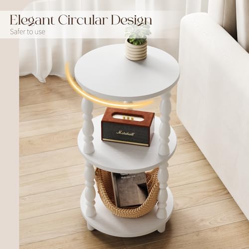 Yoobure Small Round Side Table - 3-Tier End Table with Storage Shelf, Narrow Bedside Table Nightstand for Bedroom, Accent End Tables Living Room, Wood Side Tables for Small Spaces, Office, White