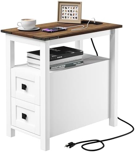 VVFLU Farmhouse End Table with Charging Station and 2 Storage Drawers, White Wood Nightstand Narrow, Skinny Side Table Rustic, Slim Bedside Table, Open Shelf, Small for Bedroom, Living Room, Sofa