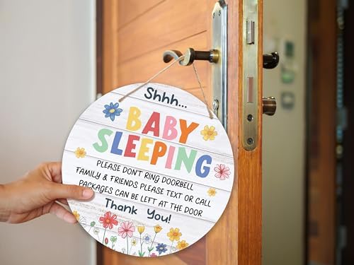 Shhh Baby Sleeping Hanging Sign, FLowers Wooden Round Door Hanger For Baby Room Front Door Nursery Kids Bedroom, Please Do Not Knock Or Ring Doorbell Sign For Outdoor Porch -01